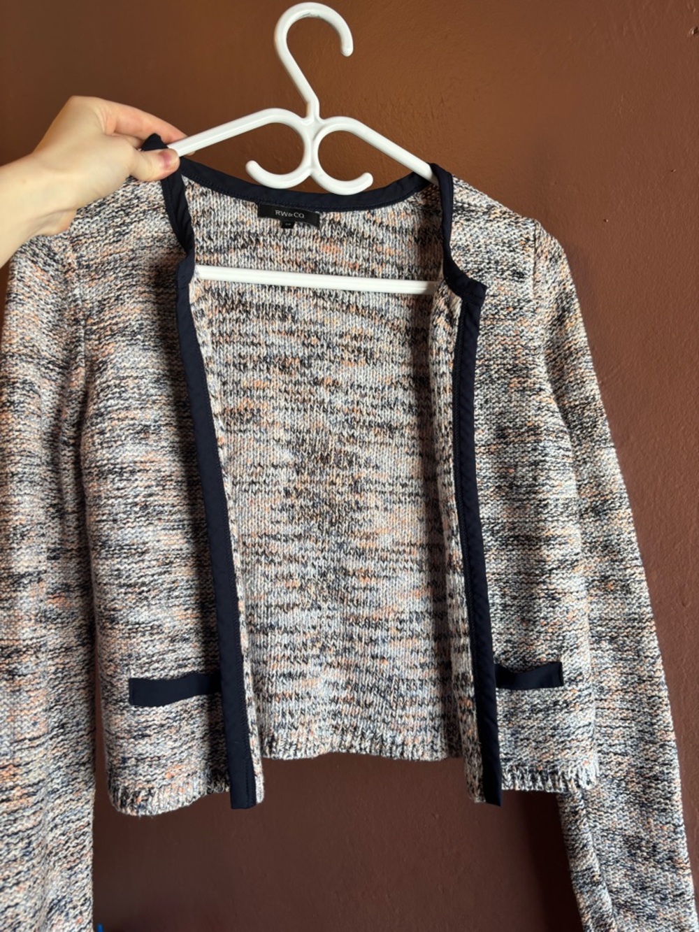 RW&CO Multicolor Marled Open-Front Cardigan with Navy Trim